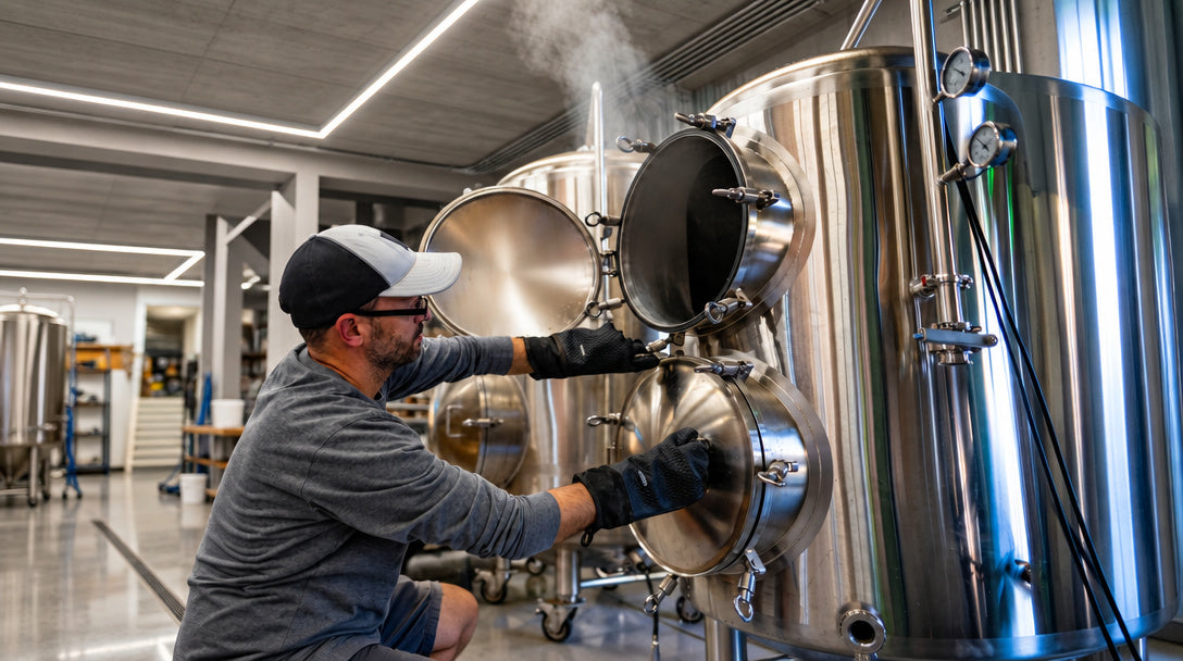 unloading an autoclave with steam rising