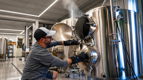 unloading an autoclave with steam rising